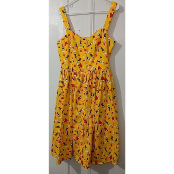 Collectif london womens medium pinup style yellow dress red watermelon - Picture 1 of 7